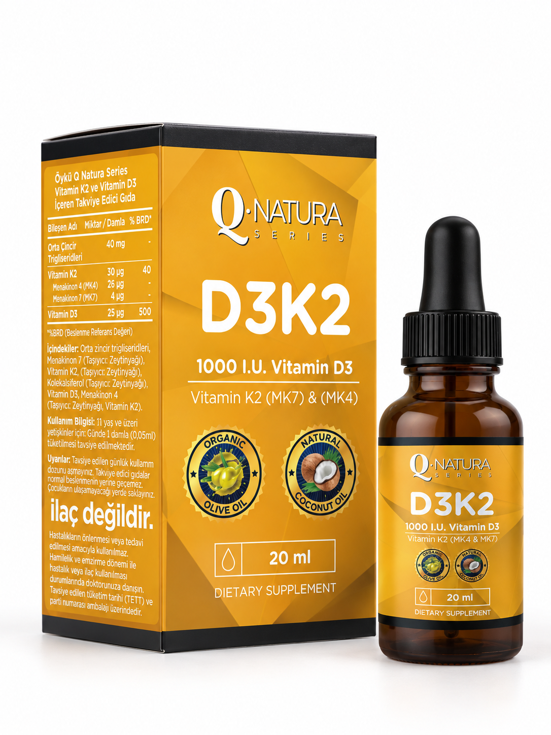 D3K2 (MK-4, MK-7) 20 ml damla (Organik Zeytinyağı ve Mct oil)